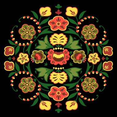 Yuvarlak vektör süsü boho tarzı motif, Doğu Avrupa klasik dekoru siyah, kırmızı ve yeşil, özel baskı ve tasarım için sarı renkler