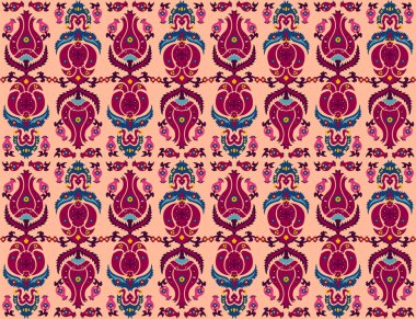 Özbek, Özbek, Türk, Farsça ve Arabistan İslami damasyon vektör deseni, süslü boho tarzı süsler garnet, bordo, mavi ve turuncu renkler özel prin için