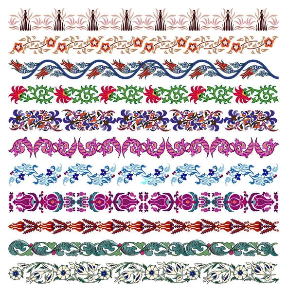 Conjunto de 11 bordas decorativas sem costura vetoriais de ornamentos coilorful islâmicos árabes florais — Vetor de Stock