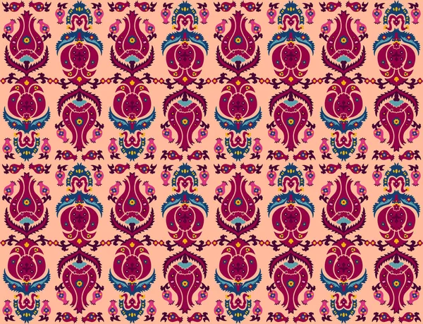 Özbek, Özbek, Türk, Farsça ve Arabistan İslami damasyon vektör deseni, süslü boho tarzı süsler garnet, bordo, mavi ve turuncu renkler özel prin için