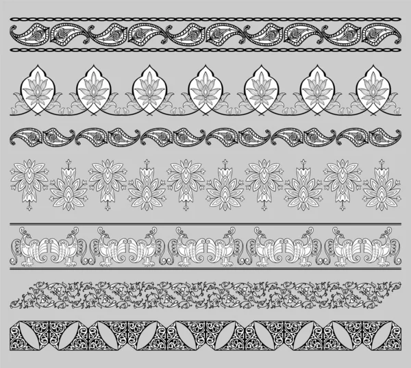 Conjunto de 7 motivos y marcos de borde ornamental árabe vectorial od decoración floral, paisley y abstracta islámica en color blanco y negro — Vector de stock