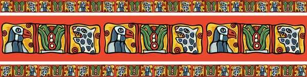 Adorno de frontera étnica de estilo nacional colorido sudamericano de arte maya o azteca, águilas coloridas, leopardo, motivos de cactus, para diseño personalizado, fondo, textil — Vector de stock