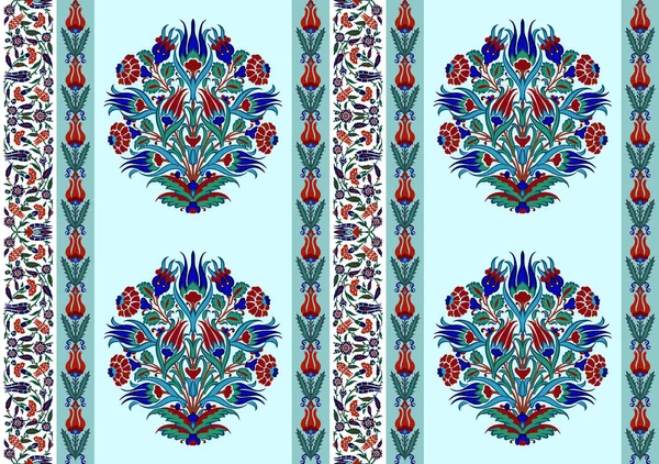 Uzbekistán sin costuras, persa, turco, asiático medio y árabe patrón decorativo vector islámico, adornos vintage estilo boho damasco adornado en azul profundo, rend y colores verdes sobre fondo turquesa para cu — Vector de stock