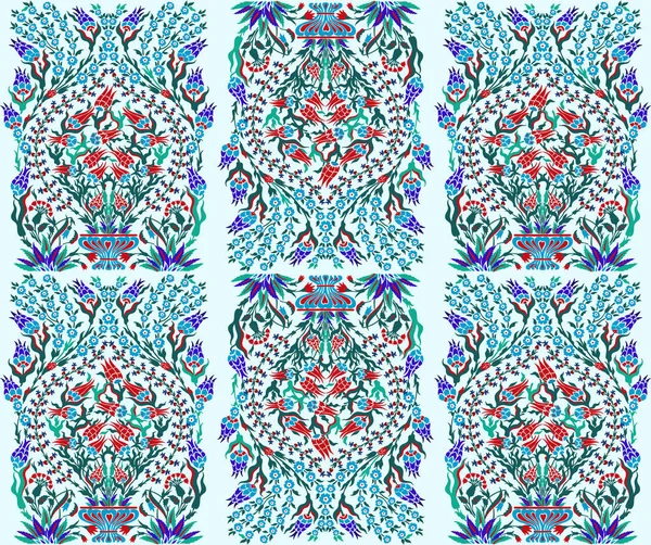 Безшовні узбецькі, туркові, середньоазіатські та аравійські ігламічні векторні декоративні орнаменти, вінтажні прикраси дамаск-орнаменти в темно-синьому, ренді та зеленому кольорах на бірюзовому фоні. — стоковий вектор