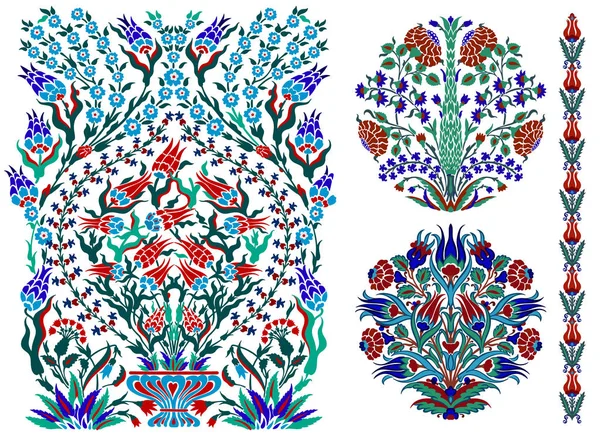 Conjunto de 4 motivos y elementos decorativos vectoriales islámicos uzbekos, turcos, de Asia central y árabes, adornos vintage estilo boho adornado con damasco en azul profundo, colores rend y verde para impresión y diseño personalizados — Archivo Imágenes Vectoriales