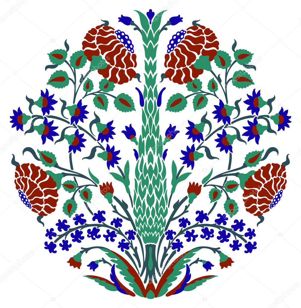 Round vector floral ornament motif, composition of Uzbek, Turk, Indian, Persian, Middle Asian, Arabian islamic vector decorative motifs and elements, damask ornate boho style vintage decor in blue, re