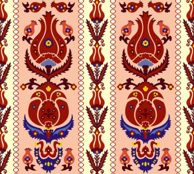 Özbek, Özbek, Türk, Farsça ve Arap İslami damasyon vektör deseni, özel yapım için koyu kırmızı, mavi ve açık turuncu renklerle süslü boho tarzı süsler.