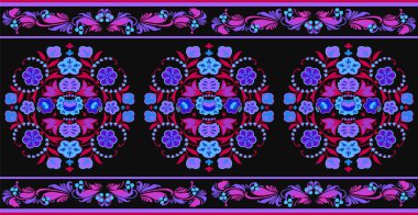 Boho tarzı motiflerle süslenmiş kusursuz vektör sınır deseni, siyah, mavi, kırmızı, mor, özel baskı ve dizayn için mor renkler Doğu Avrupa klasik dekor