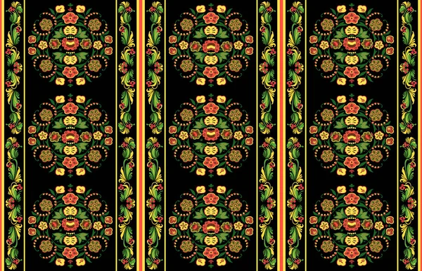 Patrón sin costura vectorial con adorno floral en motivos de estilo boho, decoración vintage de Europa del Este en negro, rojo y verde, colores amarillos para impresión y diseño personalizados — Vector de stock