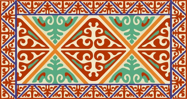 Kazakh ou Kyrgiz tribal nacional médio asiático étnico colorido vermelho, verde, ornamento laranja para design personalizado, fundo, têxtil — Vetor de Stock