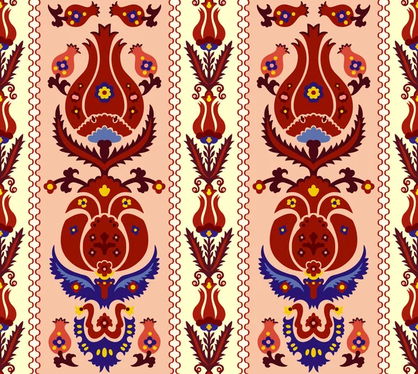 Безшовні етнічні середньоазіатські, узбецькі, туркові, перські та аравійські ісламічні дамаск-векторні декоративні візерунки, дамаск-декоративні вінтажні прикраси в стилі бохо в глибокому червоному, синьому та світлому помаранчевому кольорах для звичай. — стоковий вектор
