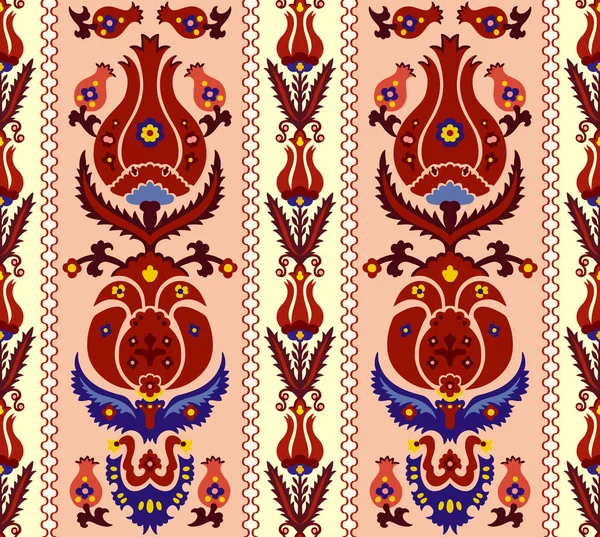 Inconsútil étnica de Asia Central, Uzbekistán, turco, persa y árabe patrón decorativo damasco islámico vector, adornos vintage estilo boho damasco adornado en rojo profundo, azul y naranja claro colores para la costumbre — Vector de stock