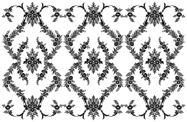 Απρόσκοπτη vector graphic πολυτελές floral διακοσμημένο κλασικό αντίκα μπαρόκ ή rococo στυλ vintage boho υφασμάτινο σχέδιο σε μονόχρωμο μαύρο και άσπρο χρώμα με γιρλάντα και festoons για έθιμο εκτύπωσης και — Διανυσματικό Αρχείο