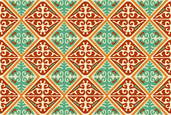 Kazajstán sin costura o tribu kirguisa nacional de Asia Central étnico colorido rojo, verde, ornamento naranja para el diseño personalizado, fondo, textil — Archivo Imágenes Vectoriales