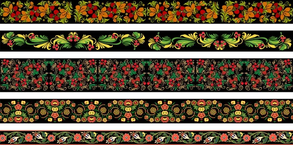 Rus Khokhloma stili stil çiçekli 5 vektör sınır desenli set, Doğu Avrupa klasik dekoru siyah, kırmızı ve yeşil, özel baskı ve tasarım için sarı renkler