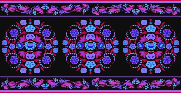 Zökkenőmentes vektor szegély minta virágdísz boho stílusú motívumok, kelet-európai vintage dekoráció fekete, kék, piros, bíbor, lila színek egyéni nyomtatás és design — Stock Vector