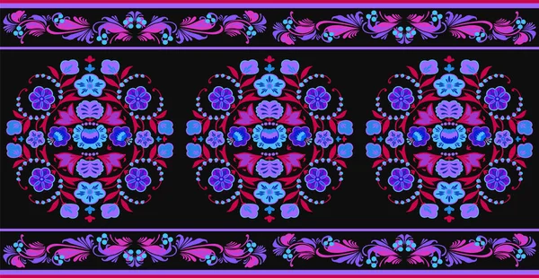 Patrón de borde vectorial sin costuras con adorno floral en motivos de estilo boho, decoración vintage de Europa del Este en colores negro, azul, rojo, magenta, púrpura para impresión y diseño personalizados — Vector de stock