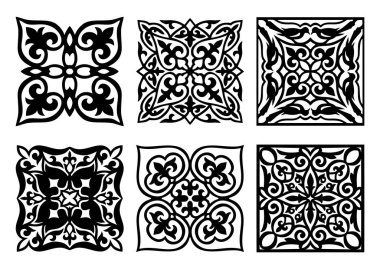 Set of 6 vector elements and motifs of Kazakh, Kyrgiz, Uzbek, Turk square national Islamic ornament clipart