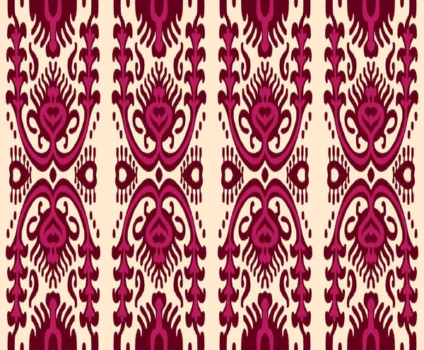 Patrón de tela de vector Ikat uzbeko o indonesio sin costuras, adornos textiles de estilo asiático étnico, tonos simples y coloridos, burdeos, púrpura y marfil, para diseño personalizado e impresión — Vector de stock