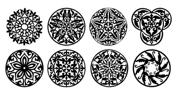 Set of 8 vector elements and motifs of Kazakh, Kyrgiz, Uzbek, Turk round national Islamic ornament — Stock Vector