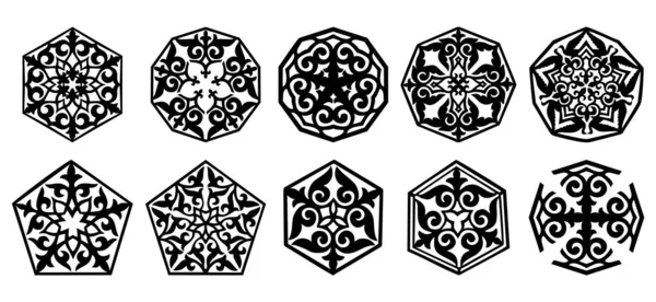 Conjunto de 10 elementos vetoriais e motivos de Kazakh, Kyrgiz, Uzbek, ornamento islâmico nacional poligonal turco — Vetor de Stock