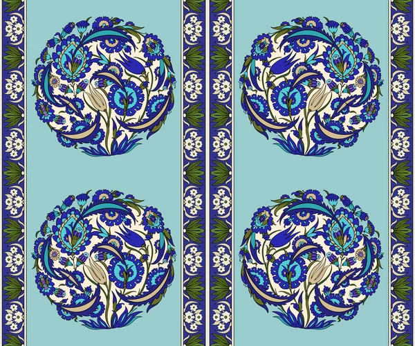 Uzbekistán sin costuras, persa, turco, asiático medio y árabe patrón decorativo vector islámico, adornos vintage estilo boho damasco adornado en azul profundo, turquesa y colores verdes sobre fondo turquesa — Vector de stock