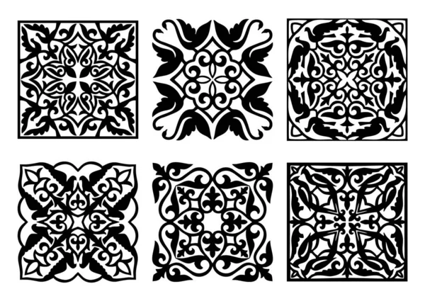 Colección de 6 elementos vectoriales y motivos de Kazajstán, Kirguistán, Uzbekistán, Plaza Turca ornamento islámico nacional — Vector de stock