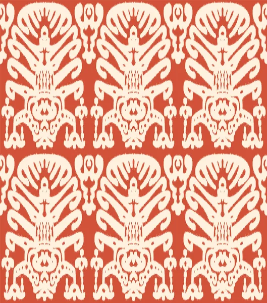 Patrón de tela de vector Ikat uzbeko o indonesio sin costuras, adornos textiles en estilo asiático étnico, tonos simples y coloridos, naranja y marfil, para diseño personalizado e impresión — Archivo Imágenes Vectoriales