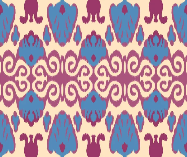 Patrón de tela de vector Ikat uzbeko o indonesio sin costuras, adornos textiles en estilo asiático étnico, simples y coloridos, tonos fríos, para diseño personalizado e impresión — Vector de stock