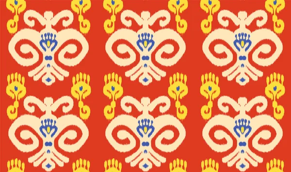 Patrón de tela de vector Ikat uzbeko o indonesio sin costuras, adornos textiles en estilo asiático étnico, simples y coloridos, para diseño personalizado e impresión — Vector de stock