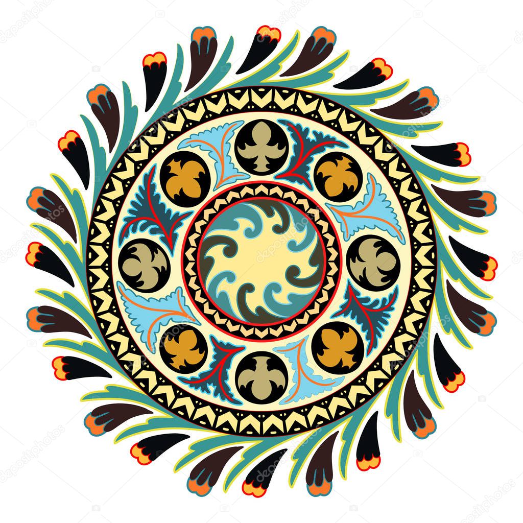 Round vector solar  floral ornament motif, composition of Kazakh, Uzbek, Turk, Indian, Persian, Middle Asian, Arabian islamic vector decorative motifs and elements, damask ornate boho style vintage decor