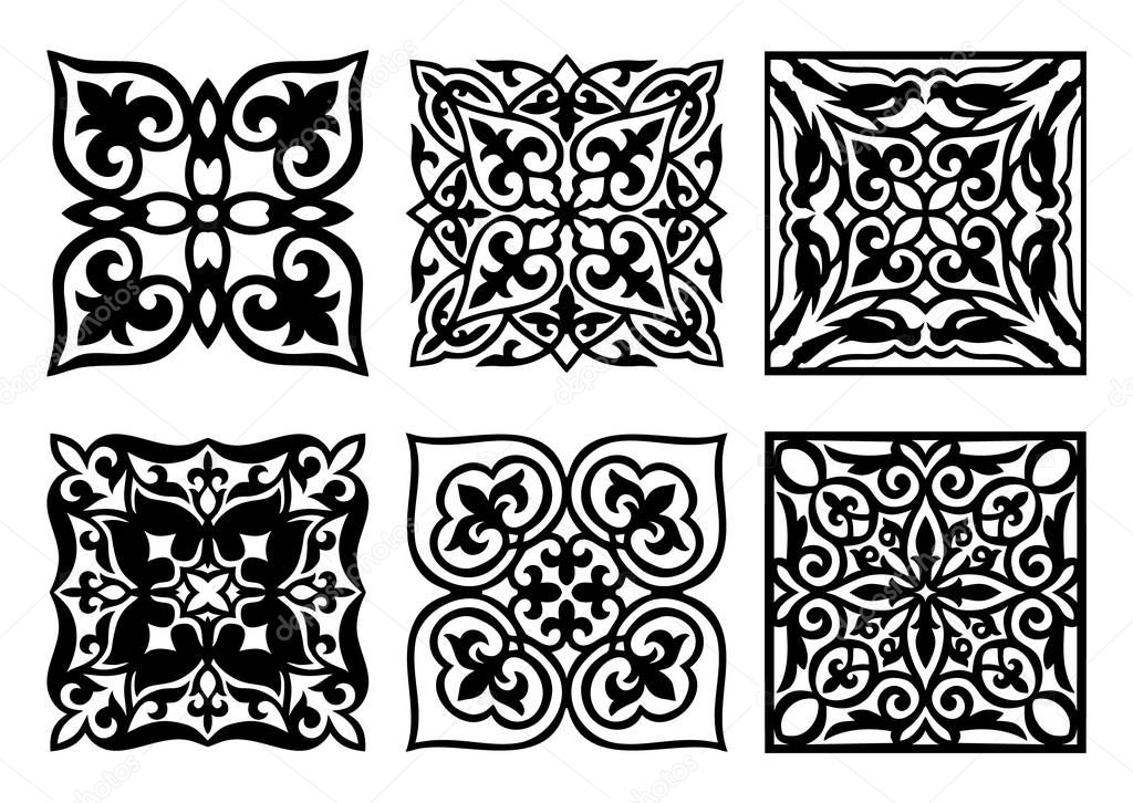 Set of 6 vector elements and motifs of Kazakh, Kyrgiz, Uzbek, Turk square national Islamic ornament