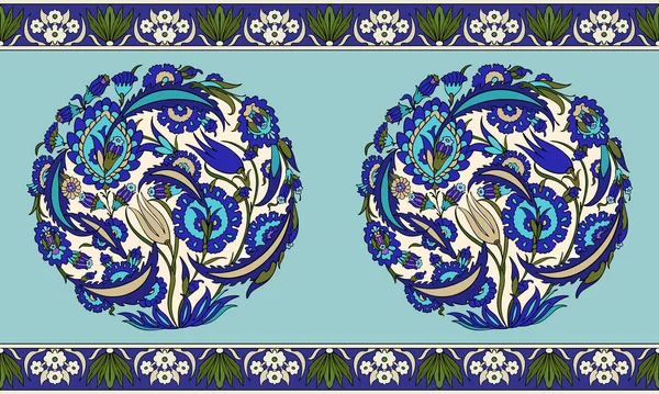 Uzbeko sin costuras, persa, turco, medio asiático y árabe islámico vector decorativo borde patrón, adornos vintage estilo boho damasco adornado en azul profundo, turquesa y colores verdes en la espalda de color turquesa — Vector de stock