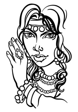 Vector close-up portrait of young beautiful Gypsy woman, wearing traditional costume, with gold jewelry, holding hand up, linear drawing