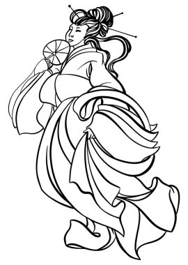 Vector illustration of young beautiful Japanese woman, wearing traditional kimono and holding the fan, linear ink drawing