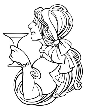 Vector illustration of young beautiful girl profile in art nouveau style, holding wineglass with wine, linear outline drawing