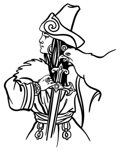 Казахська жінка-кочівник, одягнена в етнічний костюм Середньої Азії, з мечем і орлом, векторна лінійна чорно-біла ілюстрація. — стоковий вектор