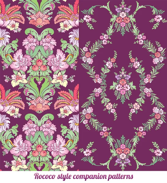 Collection of companion seamless vector luxurious floral ornate classic antique baroque or rococo style vintage boho textile patterns in lilac, pink, rose and light blue colors for custom print and de — Vetor de Stock