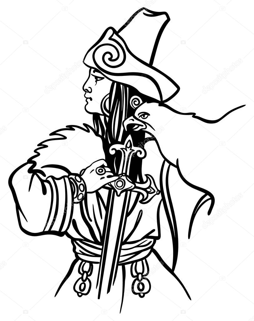 Kazakh Nomad warrior woman, wearing ethnic Middle Asian costume, holding the sword and eagle, vector linear black and white portrait illustration