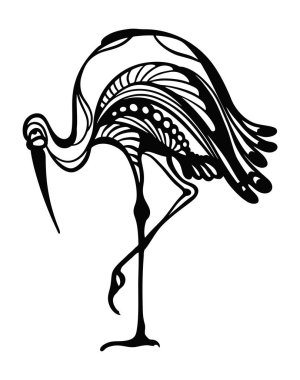 Vector ink drawing of heron wild bird, black and white, isolated, for custom print and logo design