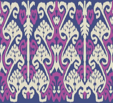 Özbek ya da Endonezya 'nın Ikat vektör deseni, etnik Asya tarzında tekstil süslemeleri, basit ve renkli, soğuk tonlarda, özel tasarım ve baskı için.