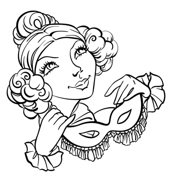 Ilustración de stock vectorial de la hermosa mujer rubia, sosteniendo la máscara, en mascarada o bola, drenaje lineal de la mano, contorno — Vector de stock