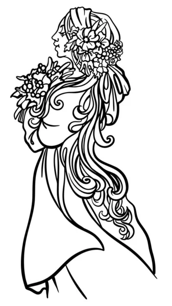 Ilustración vectorial de perfil de niña joven hermosa en estilo art nouveau, usando la corona y sosteniendo el ramo de flores, dibujo lineal — Vector de stock