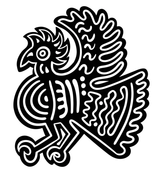 Disegno a inchiostro stilizzato di gallo o tacchino, stile petroglifo nativo americano azteco o maya, in bianco e nero, isolato, per la stampa personalizzata e il design del logo — Vettoriale Stock