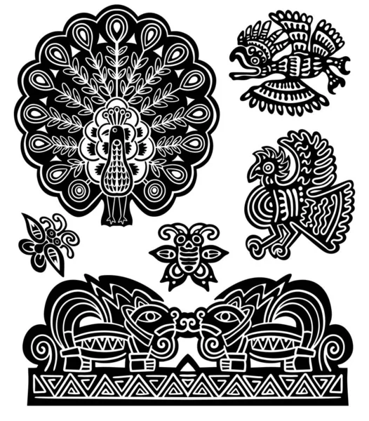 Raccolta di disegni a inchiostro di giaguaro, pavone, tacchino, farfalle in stile petroglifo azteco o maya nativo americano, in bianco e nero, isolato, per la stampa personalizzata e la progettazione del logo — Vettoriale Stock