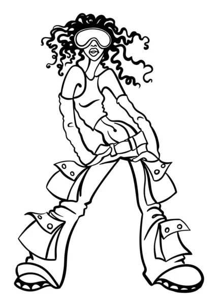 Fashion illustration of fashionable young african girl in ftrendy outfit, standing in model pose, linear black and white vector drawing