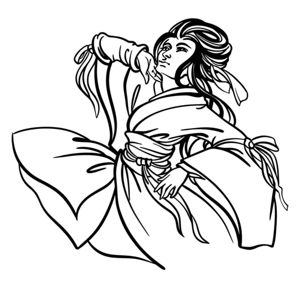 Vector illustration of young beautiful Japanese woman, wearing traditional kimono and holding her right hand up; liner ink drawing — Stock vektor