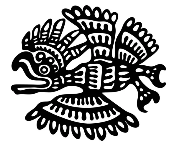 Disegno a inchiostro stilizzato di aquila o falco con ali spiegate, stile petroglifo nativo americano azteco o maya, in bianco e nero, isolato, per la stampa personalizzata e il design del logo — Vettoriale Stock