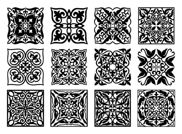 Zestaw 12 elementów wektorowych i motywów kazachskich, kirgiskich, uzbeckich, tureckich kwadratowych narodowych ornamentów islamskich — Wektor stockowy