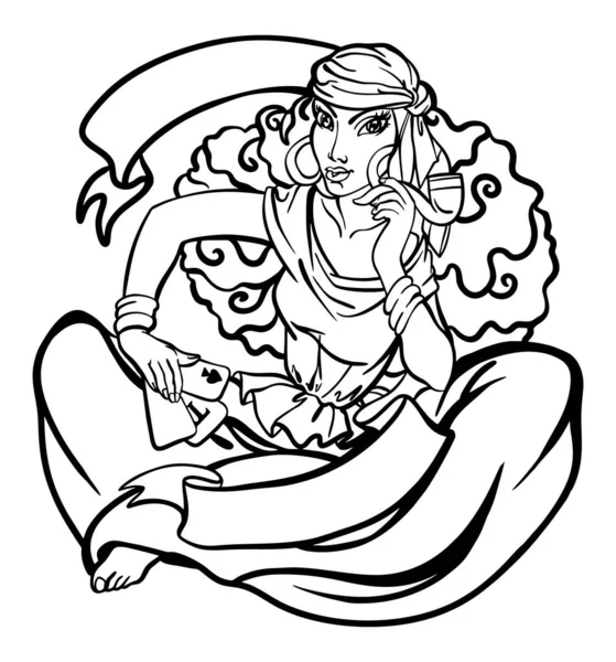 若い美しいジプシー占い師の女性のベクトルイラストは、伝統的な衣装を着て、地面に座って、ゲームカードを保持し、パイプを喫煙 — ストックベクタ